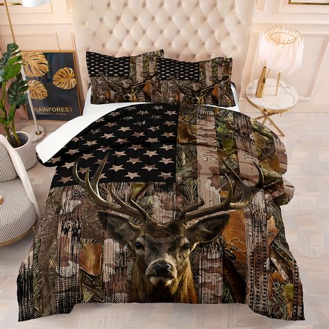 Comforter Sets, Bedding Sets, Pillowcase, American Flag, Camo, Deer, Hunting, Flag, Queen