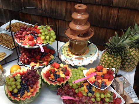 Fruit Bar With Chocolate Fountain, Fruit Chocolate Fountain, Fruit Table With Chocolate Fountain, Chocolate Fountain Display, Chocolate Fountain Wedding, Chocolate Fountain Bar, Mexican Dessert Table, Cookie Dipper, Bridal Shower Chocolate