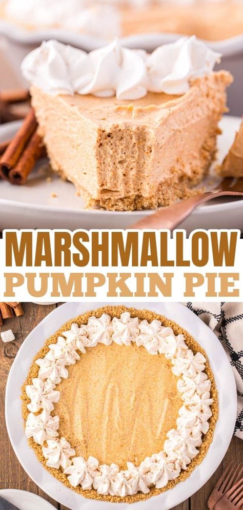 Marshmallow Pumpkin Pie is a delicious no bake pumpkin pie recipe with a graham crust and a filling made from marshmallow fluff, pumpkin puree and Cool Whip. Pumpkin Ruffled Milk Pie, No Bake Marshmallow Pumpkin Pie, Marshmallow Fluff Recipes Desserts, Pudding Pumpkin Pie, No Bake Pumpkin Pie Recipe, Recipes Using Marshmallows, Marshmallow Pumpkin Pie, Marshmallow Fluff Recipes, Pumpkin Cream Pie