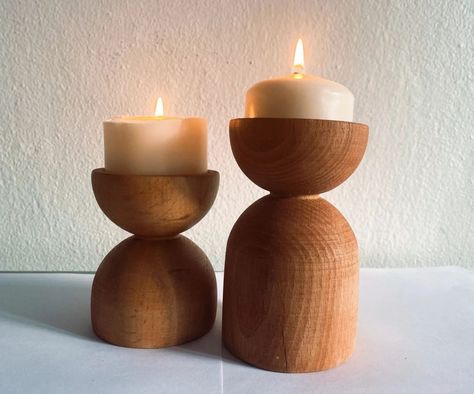 20 Wood Turning Projects for Beginners - Bob Vila Turned Candle Holders, Farmhouse Candle Holders, Handmade Candle Holder, Woodturning Projects, Handmade Candle Holders, Farmhouse Candles, Wooden Candle Holder, Lathe Projects, Modern Candles