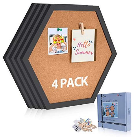 AkTop Cork Bulletin Board Hexagon 4 Pack, Small Framed Corkboard Tiles for Wall, Thick Decorative Display Boards for ... Hexagon Cork Board, Cork Board Tiles, Office Decor School, Decor School, Wood Clips, Cork Tiles, Display Boards, Cork Bulletin Boards, Tiles For Wall