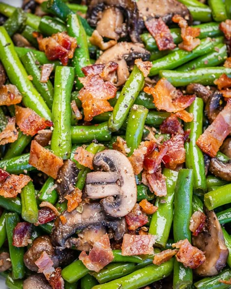 Green Beans with Bacon and Fresh Mushrooms Green Beans With Bacon And Mushrooms, Green Beans And Mushrooms Recipe, Food Prep Meals, Green Beans With Mushrooms, Green Beans And Bacon, Bacon Green Beans, Weekly Food Prep, Green Beans And Mushrooms, Fresh Green Bean Recipes