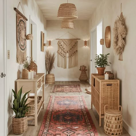 Boho House Interior💖💖💖 Modern Boho Hallway, Boho Dressing Room, Hippie House Aesthetic, Boho Staircase, Boho Foyer, Boho Style Apartment, Boho House Interior, Bohemian Hallway, Boho Hallway