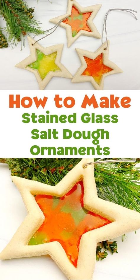 A quick and easy Christmas craft to make beautiful stained glass Christmas Tree Ornaments from salt dough. These simple stars are great to make to hang on the tree and will last for years. Salt Dough Christmas Tree Decorations, Salt And Flour Ornaments Kids, Simple Salt Dough Ornaments, Salt Dough Christmas Tree, Salt Dough Ornaments Designs, Salt Dough Stars, Salt Dough Decorations Christmas, Salt Dough Ornaments Ideas, Salt Dough Tree Ornaments