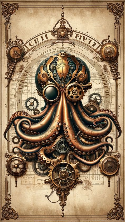 Dive into the deep with a captivating steampunk octopus, its tentacles adorned with gears and glistening with the essence of an underwater world transformed by Victorian ingenuity. Witness the graceful dance of this mechanical marvel beneath the waves, where fantasy meets the deep blue sea. Steam Punk Wallpaper, Steampunk Wallpaper, Steampunk Mixed Media Art, Steampunk Images, Steampunk Tattoo, Steampunk Illustration, Steampunk Animals, Sea Creatures Art, Octopus Tattoo Design