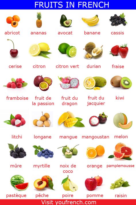 Learn vocabulary about fruits, vegetables and herbs in French. Listen to our 90+ audio files and practice your pronunciation ! #FrenchVocabulary #FruitsInFrench #FrenchBeginner French Vocabulary Food, Foods In French, French Vocabulary Lists, French Vocabulary Flashcards, France Vocabulary, Fruits In French, French Travel Phrases, Studying Languages, Food In French