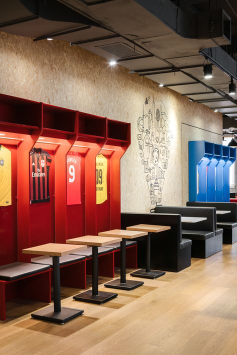 Sport Bar Design, Soccer Academy, Sports Office, Pub Design, Light Canopy, Bar Interior Design, Bar Interior, Cafe Interior Design, Boutique Interior