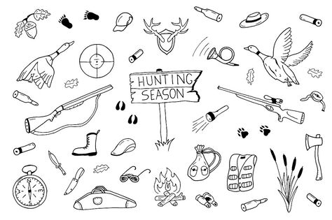 Hunting collection in doodle style by ExpressShop on @creativemarket Western Doodles Ideas, Hunting Drawings Easy, Hunting Doodles, Hunting Sketch, Country Doodles, Hunt Drawing, Hunting Illustration, Hunting Drawings, Hunting Ornaments