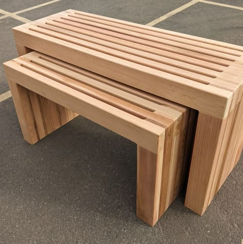 Stunning Western Red Cedar bench set, bespoke options available for length, width and height. Cedar Benches Outdoor, Cedar Furniture Ideas, Benches For Outside, Outside Bench, Slatted Fence, Wood Bench Plans, Slatted Fence Panels, Cedar Bench, Cedar Furniture