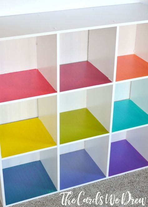 Wood Crate Shelves On Wall Shelf Ideas, Preschool Cubby Ideas, Daycare Cubbies, Toys Organizer, Rainbow Playroom, Daycare Decor, Daycare Design, Toy Organizer, Rainbow Room