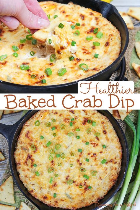 Hot Crab Dip recipe - The BEST with healthy swaps without sacrificing TASTE! Cheesy, easy, and delicious. This addictive recipe is baked with cream cheese and is filled with warm lump crab meat. Simple and EASY to make for appetizers. Pescatarian, Low Carb, Gluten Free / Running in a Skirt #superbowl #healthyliving #crabdip #pescatarian #recipe via @juliewunder Easy Hot Crab Dip, Warm Crab Dip, Warm Dip Recipes, Baked Crab Dip, Hot Crab Dip Recipe, Crab Dip Recipe, Baked Crab, Lump Crab Meat, Flexitarian Recipes