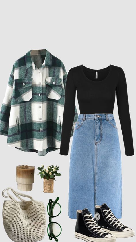 #modestfashion #style #fashion #green #aesthetic #modest #oufit #inspo #winter #fall #skirt #flannel Modest Casual Outfits, Modesty Outfits, Cute Modest Outfits, Everyday Fashion Outfits, Casual Day Outfits, Classy Casual Outfits, Easy Trendy Outfits, Modest Fashion Outfits, Casual Style Outfits