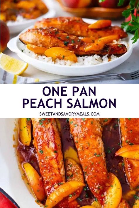 a plate with rice topped with one pan peach salmon and a pan with peach salmon in a creamy sauce Peach Fish Recipes, Vegetarian One Pot Meals, Poke Recipe, Lobster Dishes, Peach Salmon, Peach Preserves, Savory Meals, Spicy Salmon, Light Salad