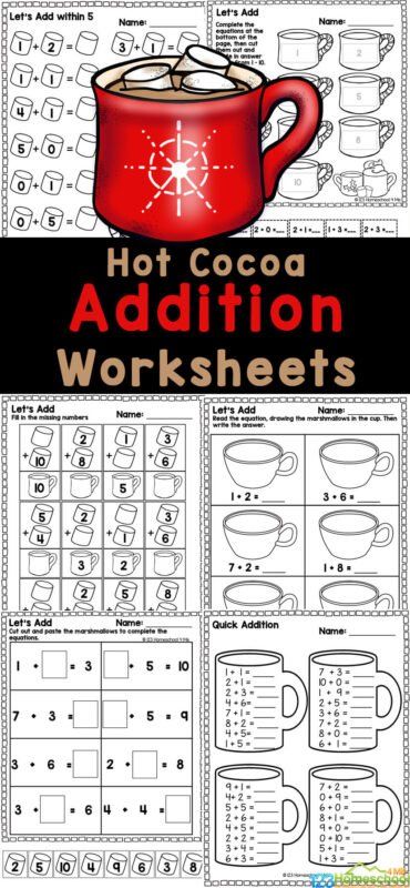 Winter Addition Kindergarten, Free Addition Worksheets Kindergarten, Winter Addition Worksheets, January Worksheets, January Kindergarten Worksheets, Addition Up To 20, Free Addition Worksheets, Cocoa Marshmallow, Winter Math Worksheets