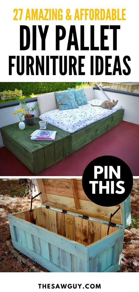 Looking for some DIY projects to take on for the weekend?  We put together a list of amazing yet affordable DIY pallet furniture ideas for all you DIY enthusiasts out there. Click on!  #thesawguy #patioideas #palletfurniture #palletprojects #furnitureideas #affordablefurniture #diyprojects Diy Pallet Decoration, Pallet Decoration Ideas, Pallet Furniture Ideas, Diy Wood Pallet Projects, Pallet Projects Easy, Pallet Garden Furniture, Pallet Ideas Easy, Pallet Projects Furniture, Pallet Decor