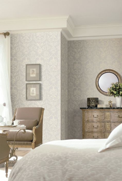 Damask Bedroom, Damask Wallpaper Bedroom, French Wallpaper, French Dressing, Go Wallpaper, Bedroom Wallpaper, White Damask, Woman Bedroom, York Wallcoverings