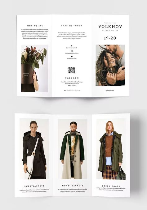 Fashion Trifold Brochure Template INDD, IDML Fashion Show Brochure Design, Brocher Design Aesthetic, Fashion Trifold Brochure, Apparel Catalog Design, Fashion Broucher, Brochure Design Fashion, Broucher Ideas Design, Fashion Leaflet, Fashion Brochure Design