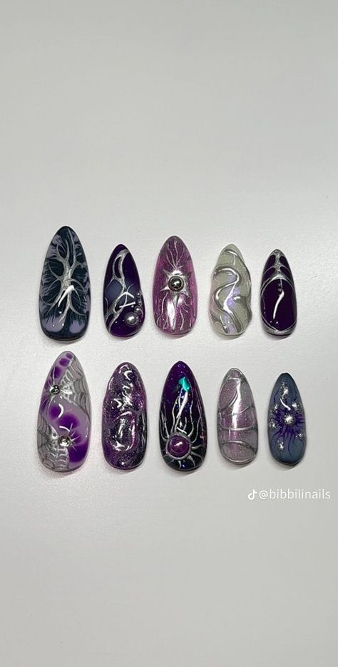 Purple Grunge Nails, Purple Witchy Nails, Purple Grunge, Witchy Nails, Punk Nails, Anime Nails, Claw Nails, Grunge Nails, Crazy Nails