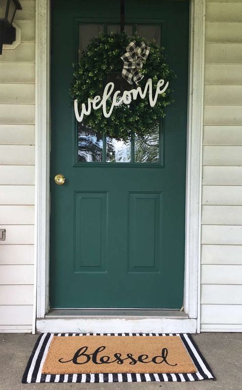 Dark Green Door White House, Forest Green Front Door Exterior Colors, Behr Equilibrium, Front Door Colors Green, Forest Green Front Door, Green Doors Front Entrance, Emerald Green Front Door, Dark Green Front Door, Teal Front Doors