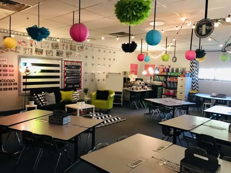 Classroom Decor With Lights, Classroom Lantern Decor, Led Lights Classroom Decor, Lights In Classroom Hanging, Black And Neon Classroom Theme, College Themed Classroom, Lamps In Classroom, Classroom Lighting Ideas Elementary, College Classroom Decor