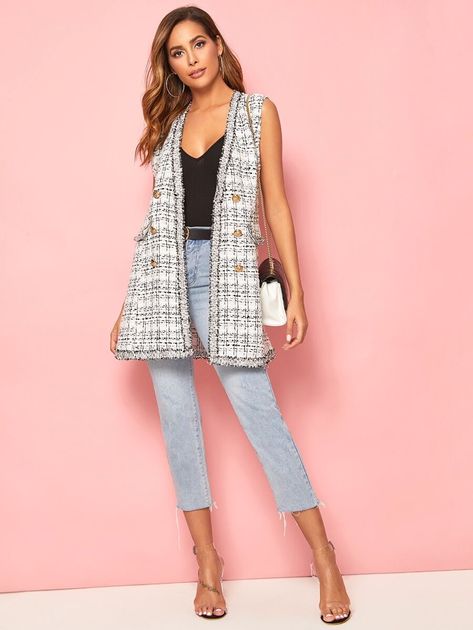 Tweed Vest Outfit Women, Gilet Outfit Women, Vest Outfit Women, Tweed Jacket Outfit, Tweed Vest, Women Coats, Tweed Fabric, Vest Outfits, Mode Inspiration