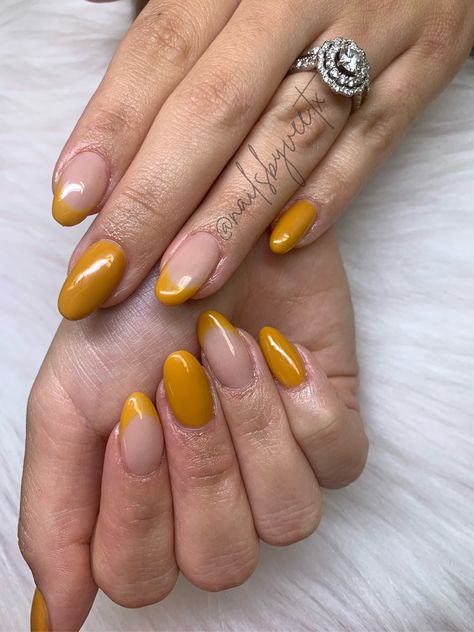 Mustard Yellow French Tip Nails, Mustard Yellow Almond Nails, Mustard French Tip Nails, Mustard Nail Polish, Dark Yellow Nails Fall, Mustard Yellow Fall Nails, Yellow Mustard Nails, Mustard Yellow Nails Fall, Modern French Manicure Almond Nails