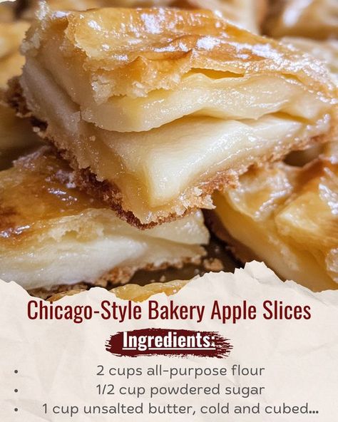 Kitchen Lap, Recipes & Cooking Tips | These Chicago-Style Bakery Apple Slices are the perfect blend of sweet apples and buttery crust, topped with a delicious glaze | Facebook Chicago Style Bakery Apple Slices, Apple Slices Recipes, Apple Slab Pie, Sweet Apples, Slab Pie, Chicago Style, Apple Slices, Unsalted Butter, Purpose Flour