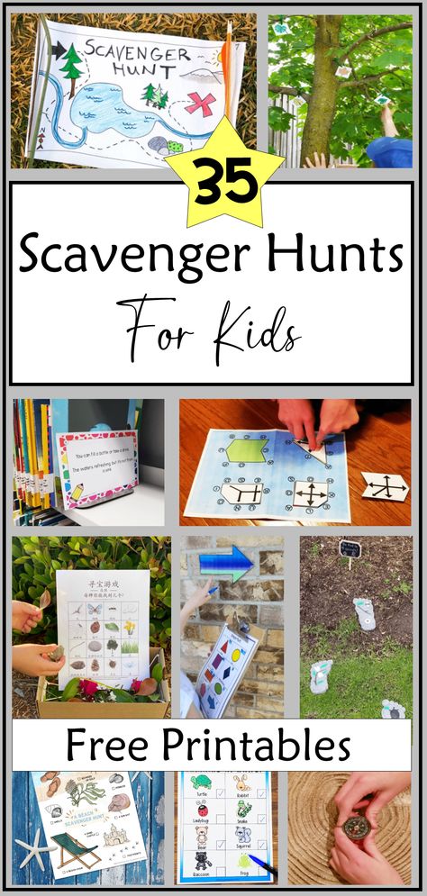 The image shows ten images of various scavenger hunts.  From a pirate type map, to outdoor hunts in trees to printable lists and puzzles, the images show both hands on scavenger hunts and printable pages. Preschool Treasure Hunt, Scavenger Hunt Ideas For Kids Birthday, Easy Scavenger Hunt For Kids, Treasure Hunt Clues For Kids Outdoor, Outdoor Scavenger Hunt Ideas For Kids, Treasure Hunt Games For Kids, Scavenger Hunt Ideas For Kids Outdoor, Diy Treasure Hunt, Adventure Activities For Kids