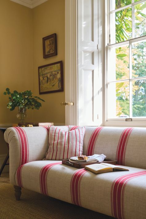 Discover our range of lightweight striped linens, and order your free fabric samples today ❤️ 📸 Exbury Sofa in Ganton Woven Linen Stripe Red #stripedfabric #fabricdesign #interiordesign #bespokefurniture Red Check Sofa, Pink Striped Sofa, Ticking Sofas, Striped Couch Living Room, Sofa Upholstery Ideas Fabrics, Stripe Sofa, Striped Couch, Country Homes Interiors, Cottage Lounge