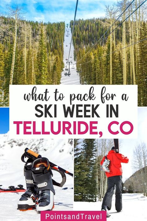 What to Pack for a Ski Week in Telluride, CO | What to bring? What will I wear? What to leave home. Those are the questions I attempt to answer as I make a ski week packing list for my upcoming Telluride vacation. Here are the list of the things to pack for Telluride Ski Trip. #packingtips #telluride #usa #travel What To Wear In Telluride, One Week Ski Trip Packing List, Telluride Colorado Winter Outfits, Telluride Colorado Winter, Week Packing List, Ski Trip Packing, Things To Pack, Winter Packing List, Packing Hacks