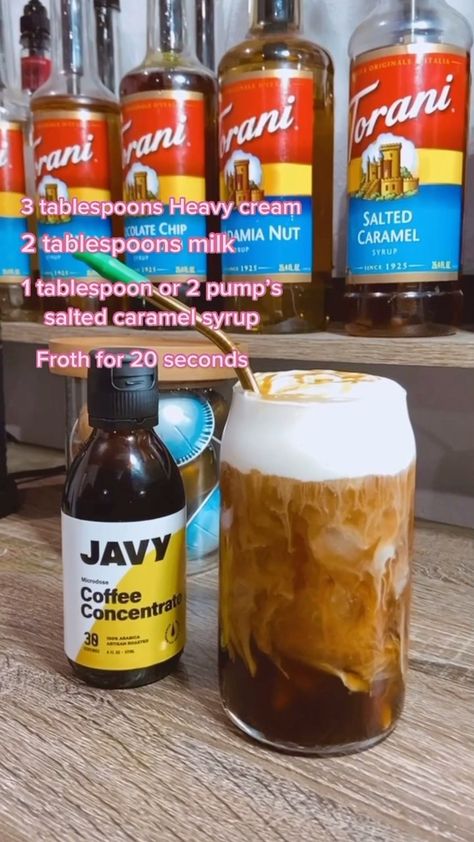 amberalejandrez__ on Instagram: Salted Caramel Cold Foam ❤️‍🔥 3 tbs heavy cream 2 tbs milk 1 tbs or 2 pumps @torani salted caramel syrup Add to @javy.coffee… Salted Caramel Cold Foam, Caramel Cold Foam, Spiced Nice, Salted Caramel Syrup, Javy Coffee, Salted Carmel, Coffee Concentrate, Cold Foam, Caramel Syrup