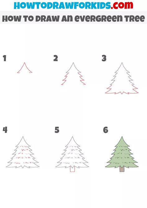 Pine Tree Doodle Simple, How To Draw A Christmas Tree, Tree Easy Drawing, Landscape Drawing Tutorial, Draw Trees, Drawing Worksheets, Tree Drawing Simple, Useful Skills, Pine Tree Drawing