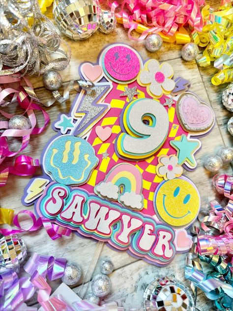 Complete your smiley gal's event with this luxuriously layered cake topper!! Aesthetic Checkered, Pink Cake Toppers, Patch Party, Party Decoration Items, 8 Birthday, Preppy Party, Girls Party Decorations, 9th Birthday Parties, Birthday Party Theme Decorations