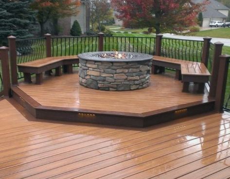 Top 50 Best Deck Fire Pit Ideas - Wood Safe Designs Fire Pit On Wood Deck, Cinder Block Fire Pit, Deck Fire Pit, Fire Pit Furniture, Cool Fire Pits, Patio Deck Designs, Wooden Deck, Deck Designs Backyard, Trex Deck