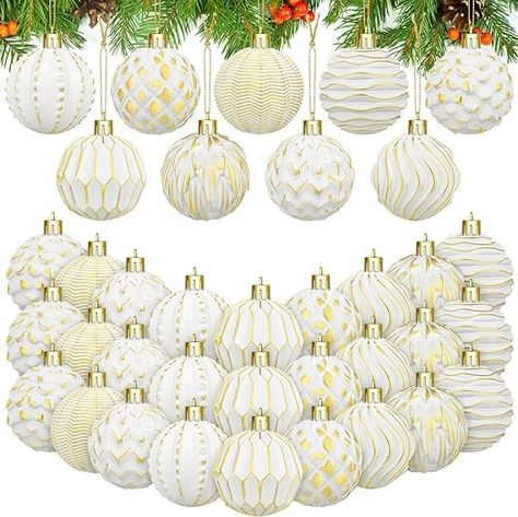 Amazon.com: Liliful 36 Pcs Farmhouse Ball Ornaments Set Distressed Christmas Tree Ornaments Vintage Style Christmas Balls Retro Christmas Ornaments for Holiday Party Decor (White and Gold) : Home & Kitchen White And Gold Christmas Tree Decor, White Ornaments Christmas Tree, Gold And White Christmas Tree, Retro Christmas Ornaments, Vintage Christmas Balls, White Christmas Tree Decorations, Gold Christmas Tree Decorations, Vintage Style Christmas, Holiday Party Decor