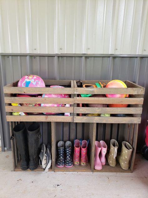 Outdoor Storage Ideas, Outdoor Toy Storage, Garage Storage Inspiration, Diy Outdoor Storage, Gallery Ideas, 3 Girls, Kids Play Area, Backyard For Kids, Garage Organization