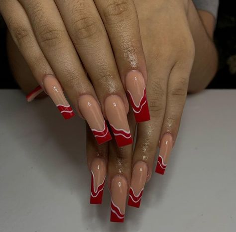 Red Double French Nails, Red And White French Tip Nails, Red Abstract Nails, Nails With Red Tips, Painted Acrylic Nails, Nails With Red, Graffiti Nails, Red And White Nails, Gel Nails French