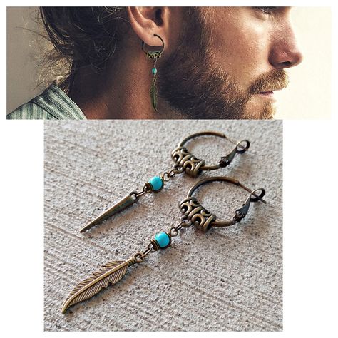 "Hippie style men earrings - Men earrings made with an antique bronze feather pendant and turquoise beads - Large aprox. 1'5\" - Price include two pieces - Handmade in Florida, USA" Pirate Earrings Men, Dangling Earrings Men, Hippie Style Men, Pirate Earrings, Native Indian Jewelry, Turquoise Feather Earrings, Hippie Men, Pirate Style, Earring For Men