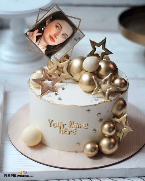 Golden birthday cake with name and photo is the only option to wish your father or mother or anyone elder. Write name and use a beautiful photo as a prop. Golden Birthday Cakes, Birthday Cake With Name, Candy Birthday Cakes, Cake With Name, Chocolate Cake Designs, Birthday Cake With Photo, Unique Birthday Cakes, Beautiful Cake Designs, Elegant Birthday Cakes