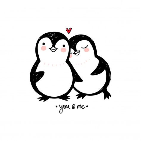 Penguin couple love illustration. doodle... | Premium Vector #Freepik #vector #baby #love #hand #character Penguin Love Couple, Penguin Couple Painting, Love Vector Illustration, Doodle Art Love Couple, Cute Paintings For Couples, Penguin Couple Drawing, Valentine Illustration Cute, Penguin Tattoo Couple, Penguin Illustration Cute