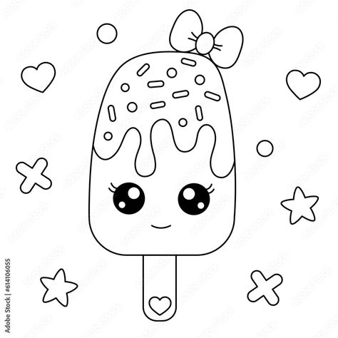 Kawaii Ice Cream Coloring Page Ice Cream Clipart Black And White, Ice Cream Black And White, Ice Cream Outline, Cartoon Popsicle, Black And White Kawaii, Background Kawaii, Ice Cream Coloring, Royal Icing Templates, Ice Cream Cartoon