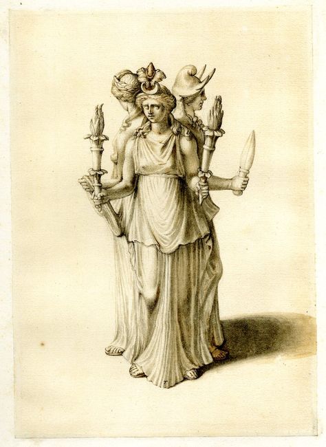 Statuette of Triple-bodied Hekate (Εκάτη). Pen, ink and light brown and grey wash. Hecate Goddess, Arte Occulta, Triple Moon Goddess, Roman Goddess, Ancient Origins, Triple Goddess, Arte Obscura, The Secret History, Moon Goddess