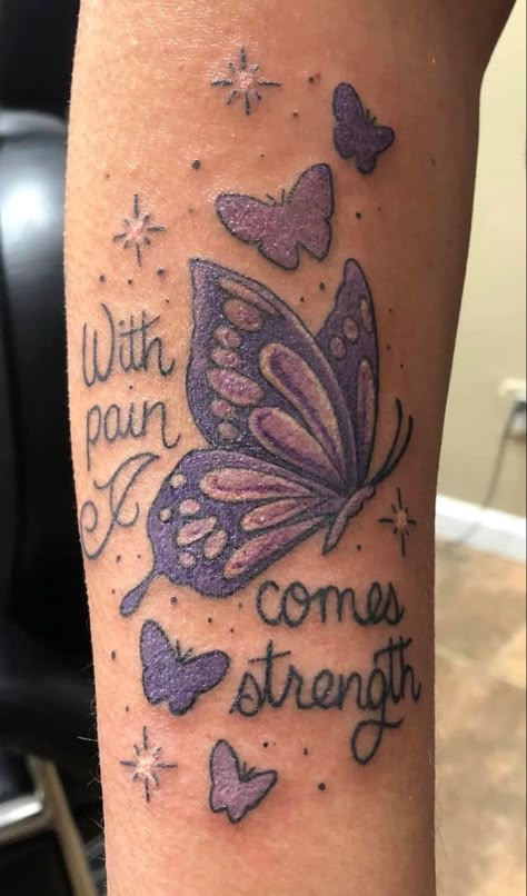 With Pain Comes Strength Butterfly, Purple Butterfly Tattoo Memorial, Tattoo Ideas Female Meaningful Quotes Words, Butterfly Memorial Tattoo, Purple Butterfly Tattoo, Butterfly Tattoos Images, Tattoos To Cover Scars, Rose Tattoos For Women, Quote Tattoos