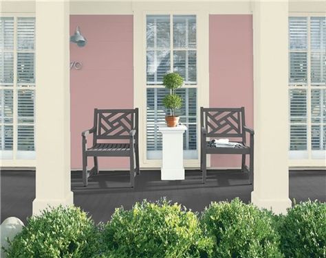 Look at the paint color combination I created with Benjamin Moore. Via @benjamin_moore. Siding: Cherry Malt 2104-50; Trim: Spanish White 943; Chairs: Gray 2121-10; Deck: Gray 2121-10. Diamond Oc, Oval Room Blue, Porch Paint, Porch Floor, Color Combinations Paint, Light Gray Paint, Porch Colors, Floor Paint, Porch Flooring