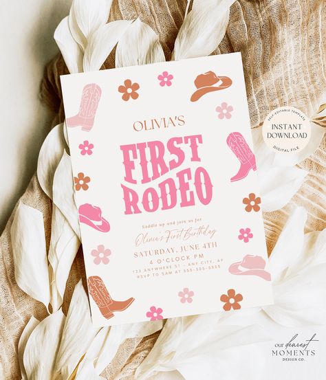 First Rodeo Invitation Boots First Birthday, Girl 1st Birthday Party Themes, Pink Cowgirl 1st Birthday Party, First Cowgirl Birthday Party, Cowgirl Themed First Birthday, Baby First Rodeo Party Girl, Babies First Rodeo Birthday, Baby First Rodeo Party, First Rodeo Birthday Invitations