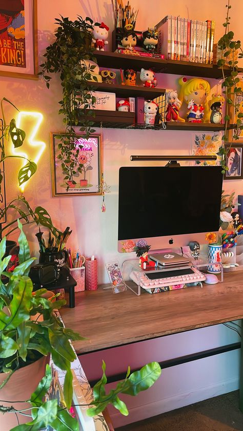 Art studio home office desk setup anime and studio ghibli inspired Indie Office Decor, Desk Setup Artist, Desk Setup Maximalist, L Desk Setup Aesthetic, Maximalist Desk Aesthetic, Japanese Desk Setup, Cute Gamer Setup, Pastel Desk Setup, L Desk Setup