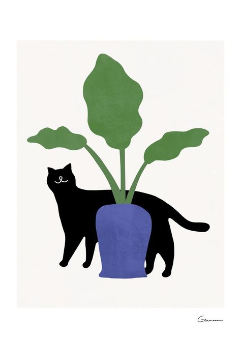 Black Cat Art Print, House Plant Cat Art, Cat plant print, Minimalist poster, Cat printable,Cat lover gift, Kids room decor,Digital download Cat Art Print Free Printable, Boho Posters, Poster Cat, Aesthetics Wallpaper, Cat Printable, Cat Plants, Minimalist Illustration, Dorm Art, Boho Poster