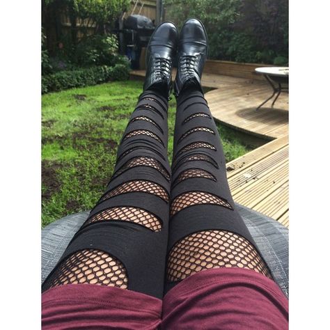 DIY Fishnet tights, underneath ripped black leggings Punk rocker emo... ❤ liked on Polyvore featuring intimates, hosiery, tights, accessories, pictures, ripped tights, gothic stockings, black hosiery, ripped stockings and disney Torn Leggings, Black Ripped Leggings, Indie Outfits Grunge, Punk Rock Hair, Diy Ripped Jeans, Battle Vest, Distressed Pants, Rock Hairstyles, Punk Pants