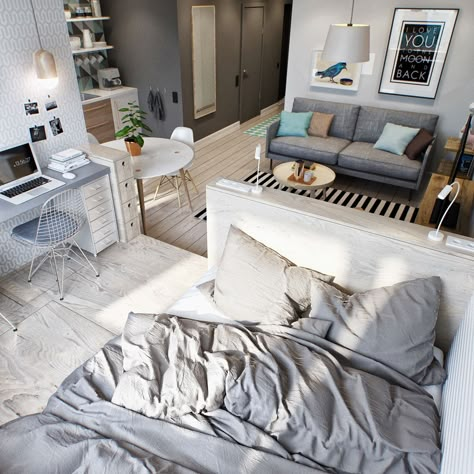 Design a small and efficiency apartment bedroom                              … Renovated Garage, Uni Flat, Apartemen Studio, Small Studio Apartment Decorating, Design Ložnic, Small Apartment Bedrooms, Studio Layout, Studio Apartment Design, Garage Studio