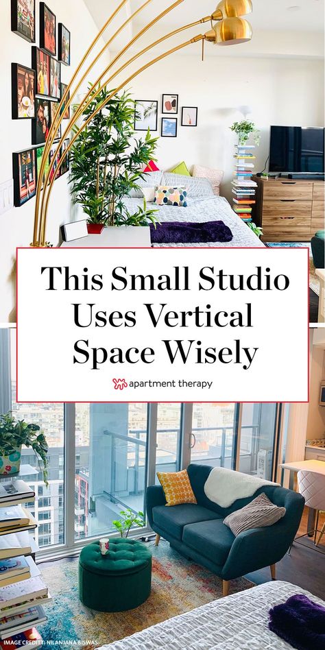 This small studio apartment uses vertical space wisely to maximize room. #studio #studiospaces #smallspaces #studioapartment #studioapartmentideas #apartmentideas #tinyhomes #walldecor #smallspacehacks Bohemian Studio Apartment, City Studio Apartment, Tiny Apartment Storage, Studio Apartment Storage, Smart Storage Ideas, Tiny Studio Apartments, Studio Apartment Design, Studio Apartment Living, Apartment Storage